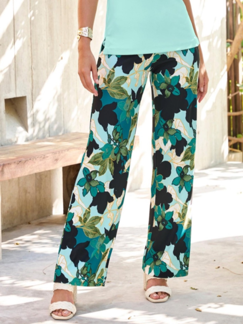 Boston Proper Women’s Green Multi Floral Print Elastic Waist Casual Pants Sz-M